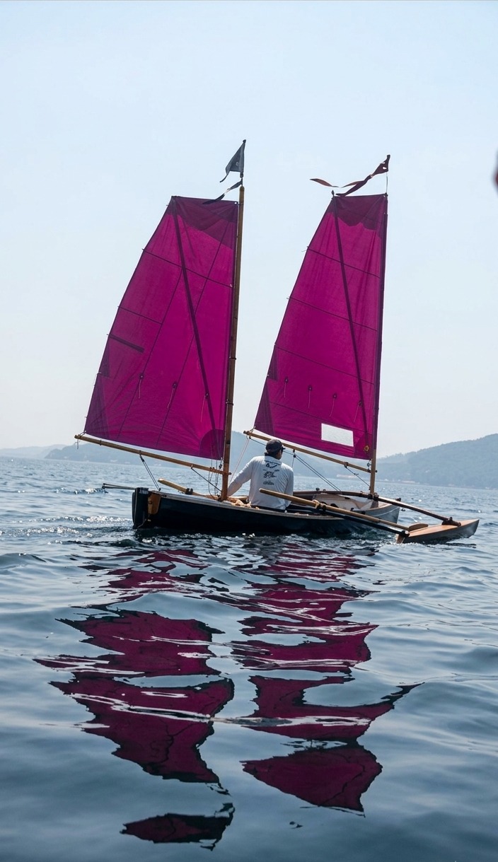 The Goat Cruiser trimaran sailing under its pink sails
