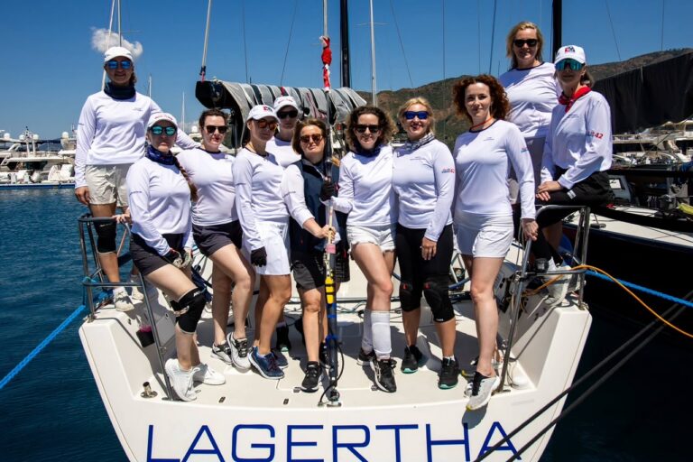 The Sailing Sisters crew on the stern of Lagertha, Marmaris